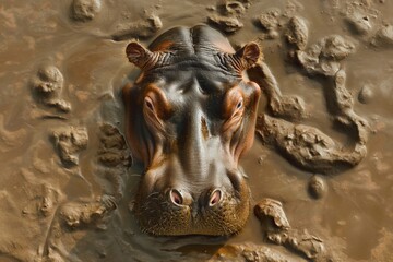 Fototapeta premium A close-up portrait of a male hippo, with brown water swirling all around him, with the camera looking down from above. Horizontal. Space for copy.