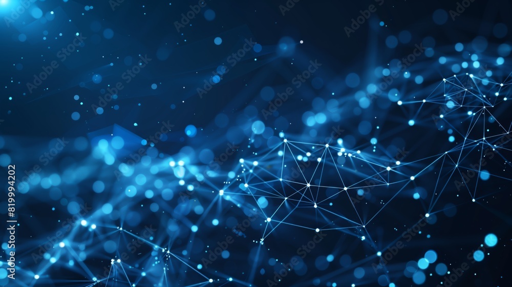 Poster An abstract futuristic network featuring a blue digital connection background, highresolution pattern with particles and mesh. It represents innovation and technology in a modern cyber space
