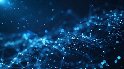 An abstract futuristic network featuring a blue digital connection background, highresolution pattern with particles and mesh. It represents innovation and technology in a modern cyber space
