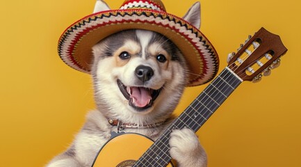Small Dog Playing Guitar With Straw Hat