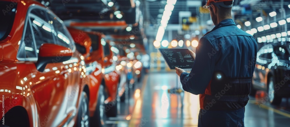 Poster an automotive engineer is utilizing a digital tablet to oversee the production line in a contemporar