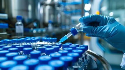 In a laboratory, a scientist is meticulously working with vials, showcasing the precision of scientific research in a sterile setting, emphasizing meticulousness in lab experiments