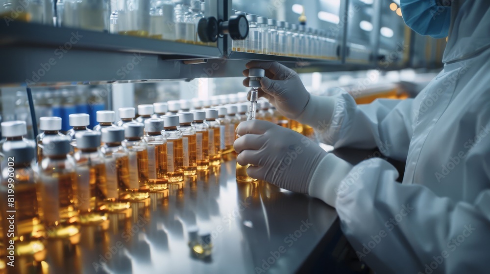 Poster Lab Technicians in pharmaceutical laboratories demonstrate precision and innovative use of advanced technology and vials in scientific processes. They work with skill and utmost care