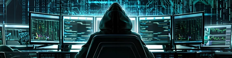 Hacker in hood from behind multiple computer screens cybercrime