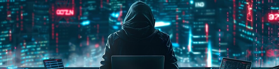 Hooded hacker from behind laptop cyber attacks