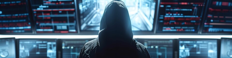Hooded figure from behind hacking digital screens