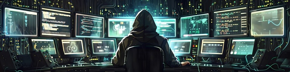Hacker in hooded sweatshirt from behind encrypted data