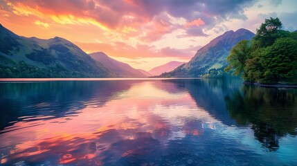 Sunset over serene lake reflections mountains trees