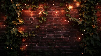 A brick wall with ivy growing up it and lights on it