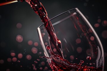 Close-up glass of red wine being poured dark background