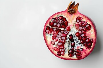 Close-up ripe pomegranate cut open juicy red seeds
