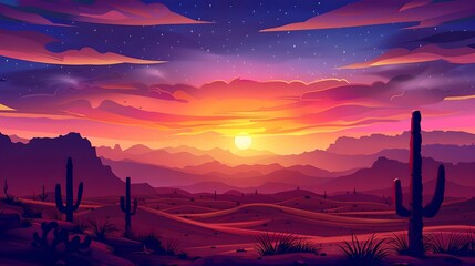 Sunset over desert landscape sand dunes silhouetted cacti