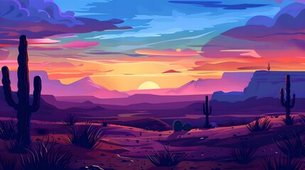 Sunset over desert landscape sand dunes silhouetted cacti