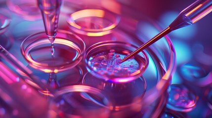 In the laboratory on a plate, in a dish, cell lines, close-up, under a microscope