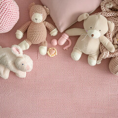Delight in a top-down perspective capturing a light pink carpet serving as the backdrop for images featuring children's products