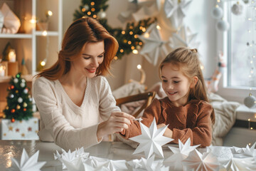 A mother and daughter sitting at a table, creating paper stars in white for Christmas decoration for New Year's Eve, laughing together while making snowflakes of origami from white card stock - Powered by Adobe