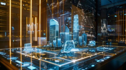 Fototapeta premium An advanced 3D holographic display showcasing a virtual tour of a smart city, in a vibrant, high-tech style
