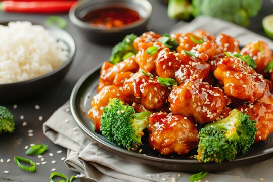 General Tso's Chicken with Broccoli and White Rice. Chinese Food