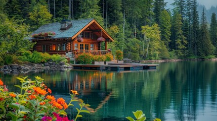 Obraz premium A charming lakeside cabin with a wooden exterior, cozy porch, and a dockside garden filled with vibrant flowers and lush greenery, beautifully reflected in the calm lake waters. 