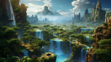 Breathtaking fantasy landscape with lush greenery, waterfalls, and misty mountains under a dramatic sky, surreal nature, dreamlike scenery.