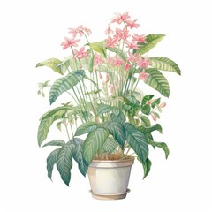 Fototapeta premium Beautiful watercolor illustration of a potted plant with lush green leaves and delicate pink flowers, perfect for botanical art enthusiasts.