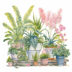 Obraz premium A beautiful watercolor illustration of various indoor potted plants with lush green leaves and pink flowers on a white background.