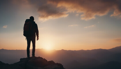 silhouette of a man with a backpack at the top of a rocky mountain watching the sunset, back view
 - Powered by Adobe