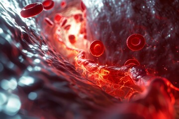 An intricate 3D visualization depicting the internal structure of a blocked blood vessel in thrombosis related to APS.