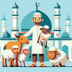 cartoon of a Muslim man with a flock of sacrificial lambs and a mosque