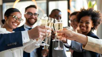 successful entrepreneur celebrating a business milestone with colleagues, toasting to their achievements with champagne