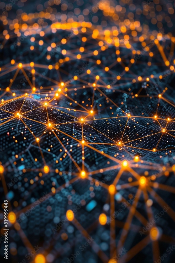 Poster macro graph of a three-dimensional holographic display depicting an intricate worldwide distribution