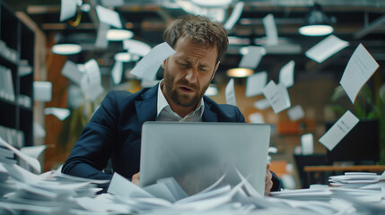 Stressed sales professional frowning at laptop, overwhelmed by deadlines