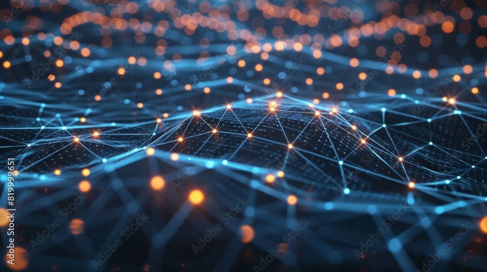 Poster detailed view of a hologram displaying a worldwide distribution system, connecting various pathways 