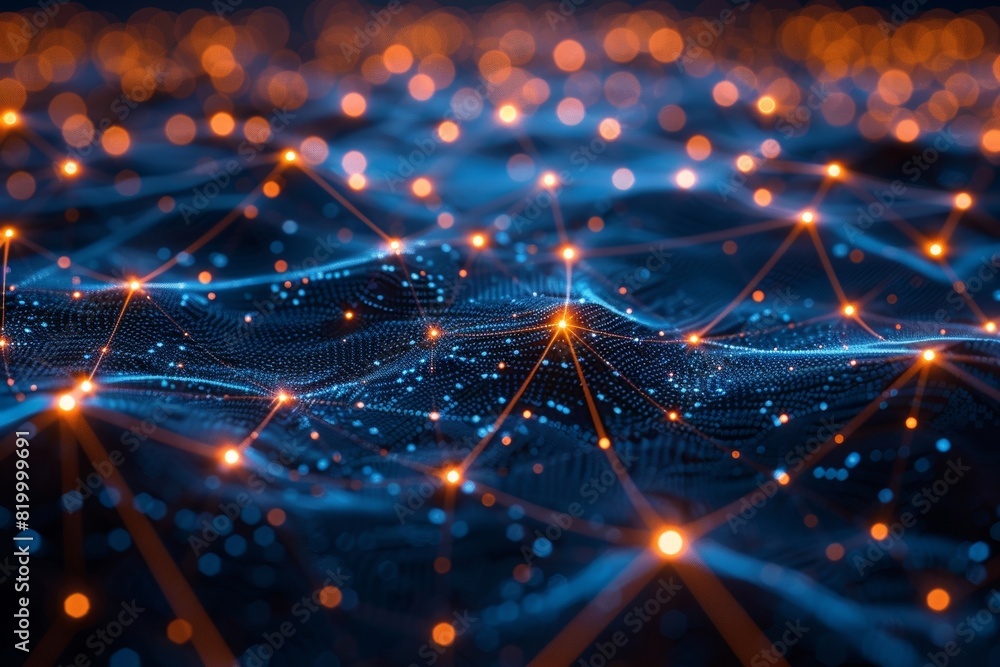 Poster macro image of a three-dimensional holographic display portraying an interconnected network of globa