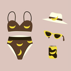 Flat Design Illustration and Swimwear at Banana Pattern, Sunglasses, Hat,Juice