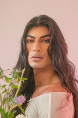 Fototapeta premium Lulu, a 30 years old transsexual holding a bouquet of flowers, studio photo 