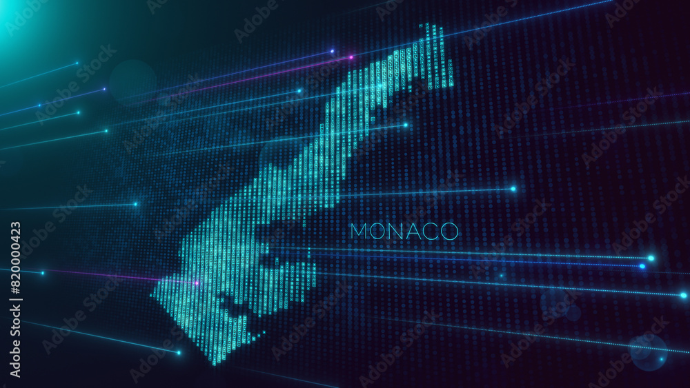 Poster abstract futuristic blue violet shiny perspective square hud particles mosaic grid and text of monac
