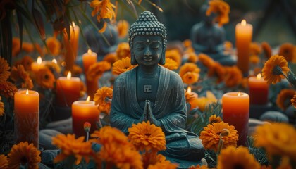 Buddha Statue Surrounded by Candles and Flowers