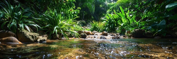 Lush green foliage surrounds a small sparkling river with rocks and flowing water.