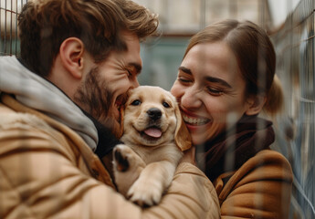 Happy young couple with cute puppy in animal shelter, hugging and smiling while looking at the dog...