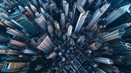 A bird's-eye view of a sprawling cityscape at twilight with urban downtown buildings densely packed
