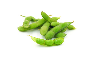 Fresh edamame soybeans and pods isolated on white background.
