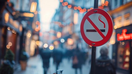 An image showcasing a no smoking symbol up close against a backdrop of a blurry urban street view