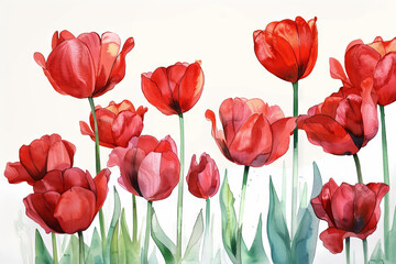Fototapeta premium painting watercolor flower background illustration floral nature. Red tulips flower background for greeting cards weddings or birthdays. Copy space. 