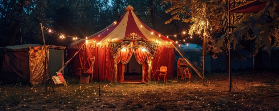 Old mysterious circus tent at night a Bible among retro costumes and props