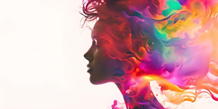 Artistic silhouette of a woman's profile filled with a vibrant blend of swirling colors and textures, creating an abstract and imaginative visual effect, emphasizing creativity and expression