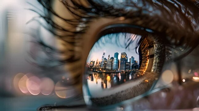 Close-up of an eye reflecting a cityscape at night, capturing the intricate details of the eyelashes and the urban skyline, symbolizing the connection between vision and urban life