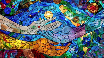 Obraz premium A stained glass portrayal of an angel amidst a cosmic backdrop blending spiritual and astronomical themes
