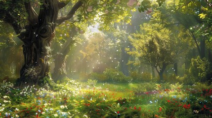 A lush green forest with tall trees, green grass, and a variety of flowers. The sun is shining through the trees.