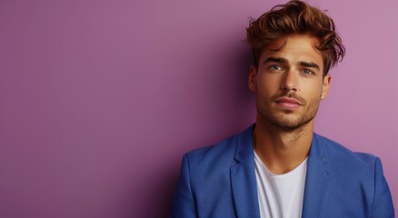 Obraz premium Man in Blue Jacket Leaning Against Purple Wall